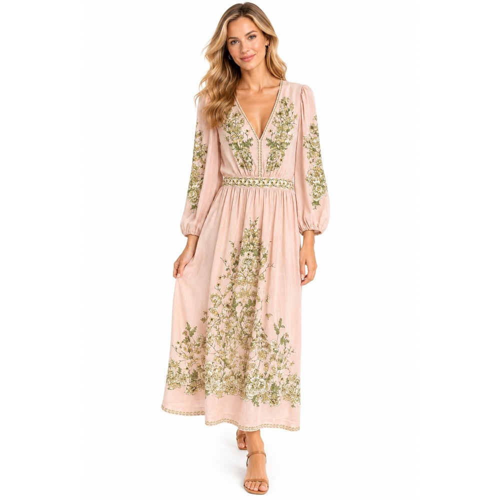 Max Studio London Dress S Pink Floral Linen Maxi Cottagecore Boho Prairie Spring